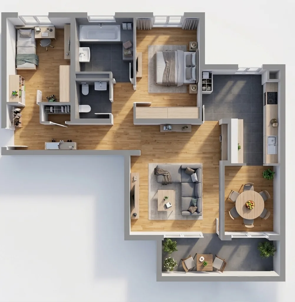 Grundriss Variante 4 Zimmer (nicht maßstabsgetreu)